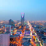 Panoramic view of city lights in Riyadh, Saudi Arabia.
