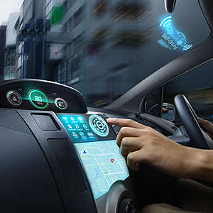 Car running with Self driving mode and choose a destination by a driver. Autonomous Car, Autopilot vehicle and AI with Transport concept