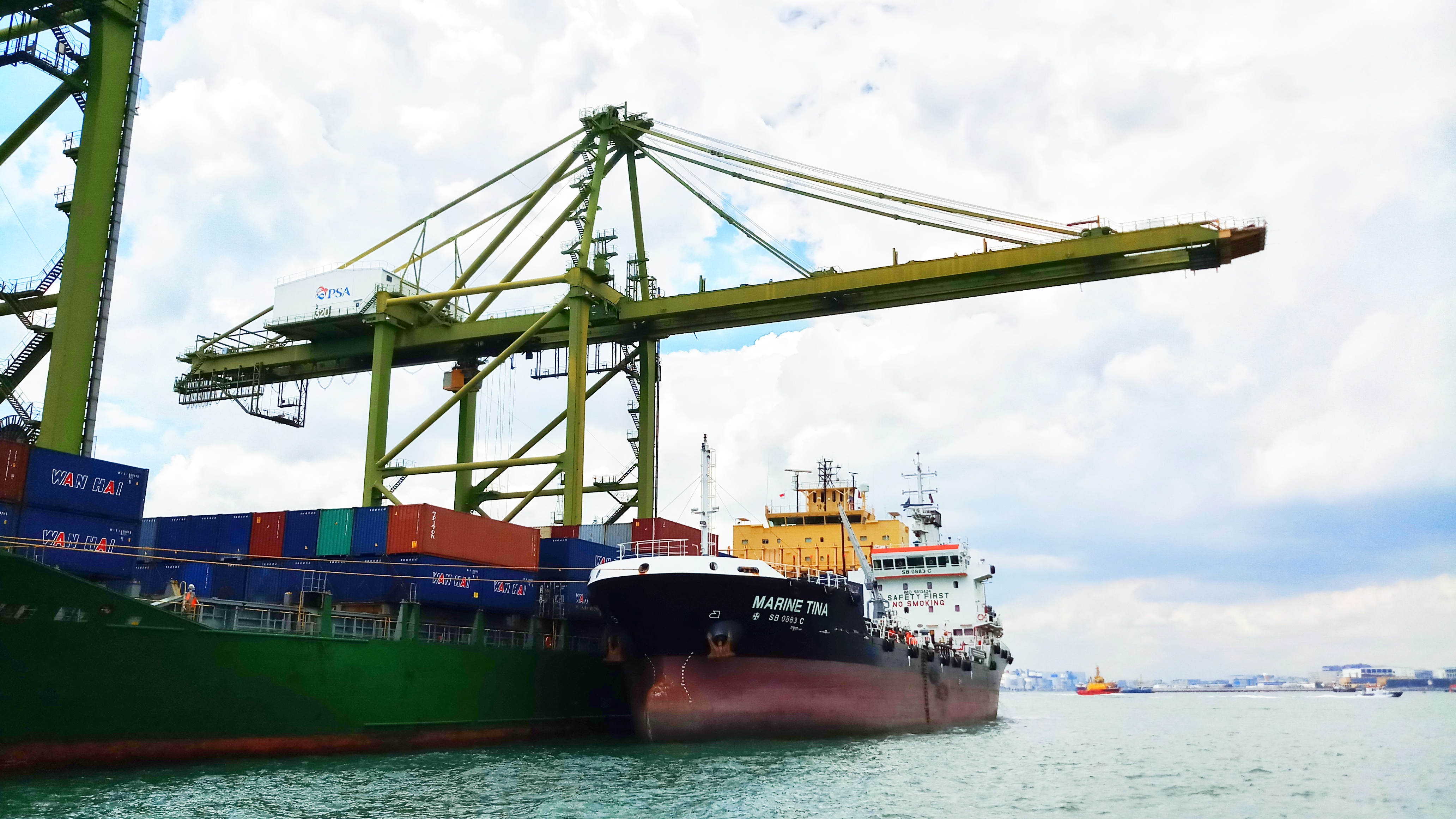 Ship in Singapore harbour with loading crane on quay