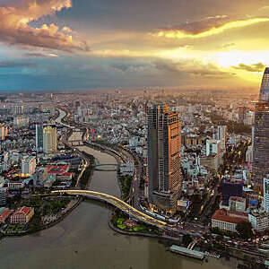 Beautiful sunset of Saigon skyline, aerial view of Business and Administrative District