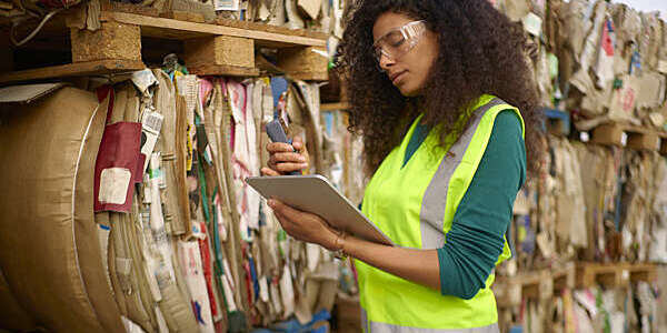 Portrait of young woman with black curly hair wearing reflective jacket and protective eyewear working in recycle warehouse checking pallets with recycled paper on them using digital tablet.